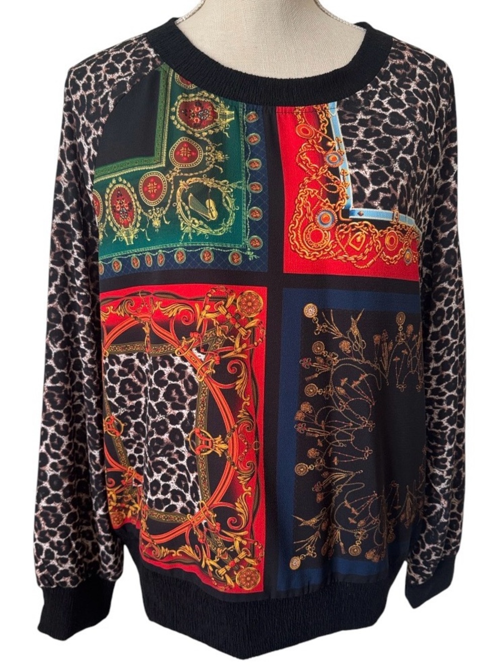 ISLE Hong Kong Printed Patchwork Leopard Accent Blouse Black Multi Medium NEW